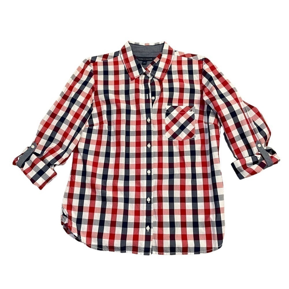 Tommy Hilfiger Red White Blue Roll Tab Check Poplin Button Down Shirt Top Med.